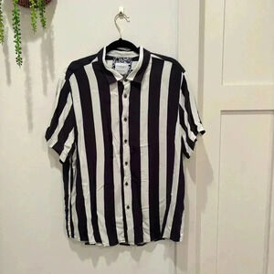 Denim & Flower Men's Nautical Bold Navy Striped ButtonDown Short Sleeve Shirt XL